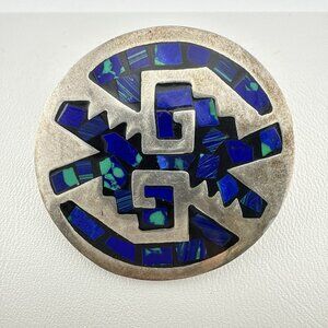 VTG Taxco Mexico Pendant Pin Crushed Lapis Malachite Inlay 1.5" Sterling Silver